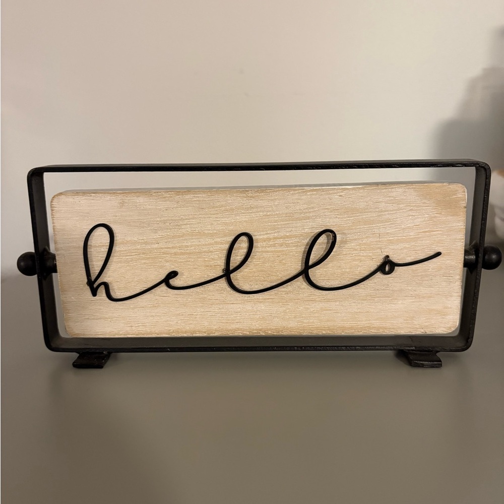 Hello / Goodbye Reversible Script Wood & Metal Desk Sign - Black and Natural